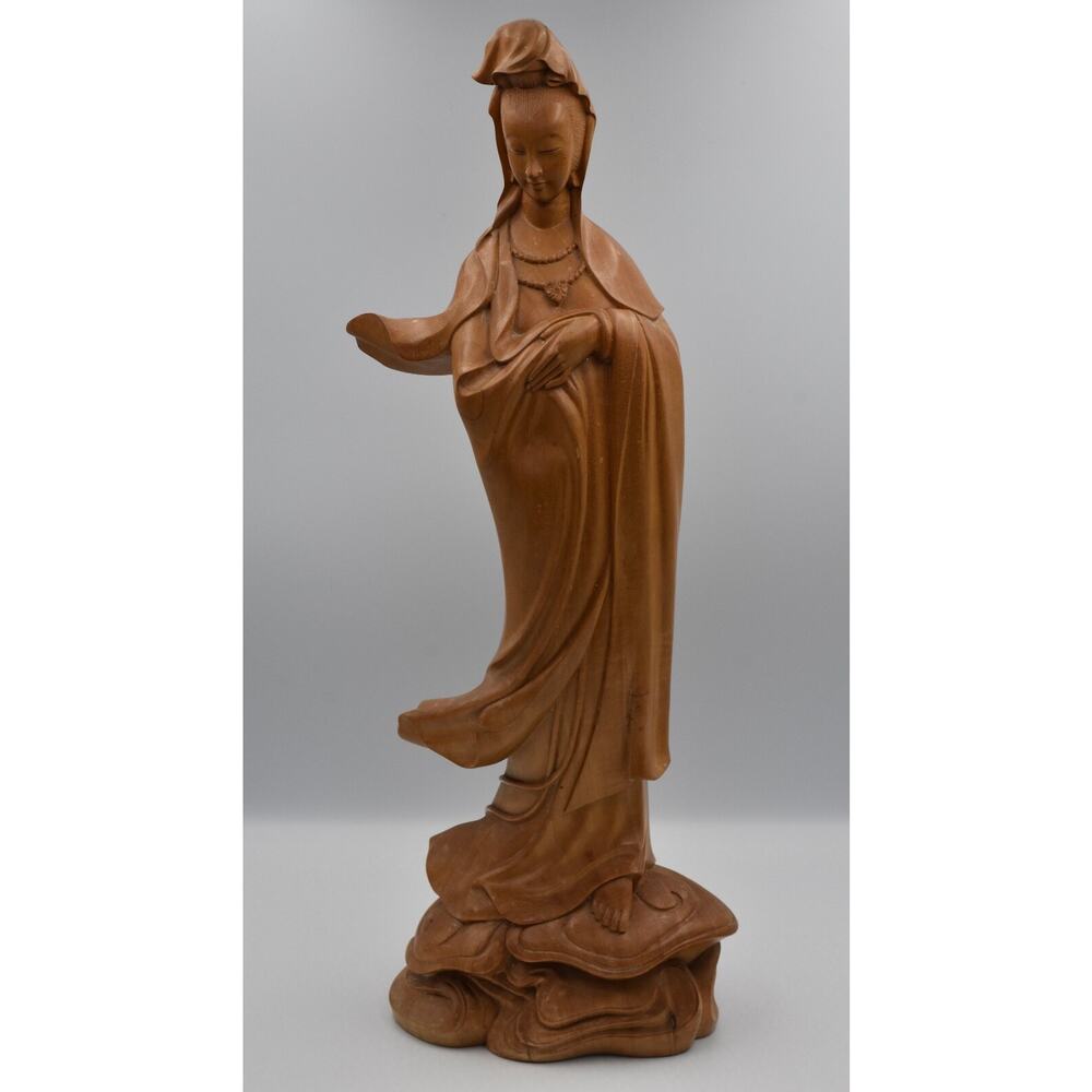 Vintage Guanyin The Bodhisattva of Compassion Hand Carved Wood Statue Figure